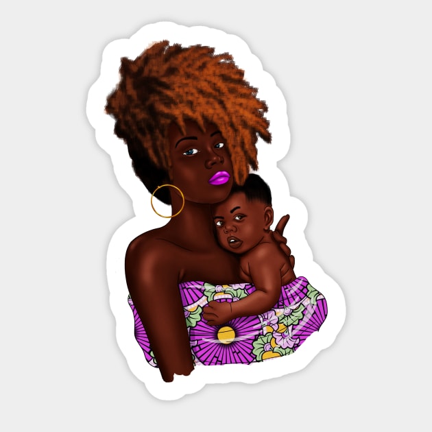 Afro Woman with Child, African Purple Pattern Sticker by logiamerch